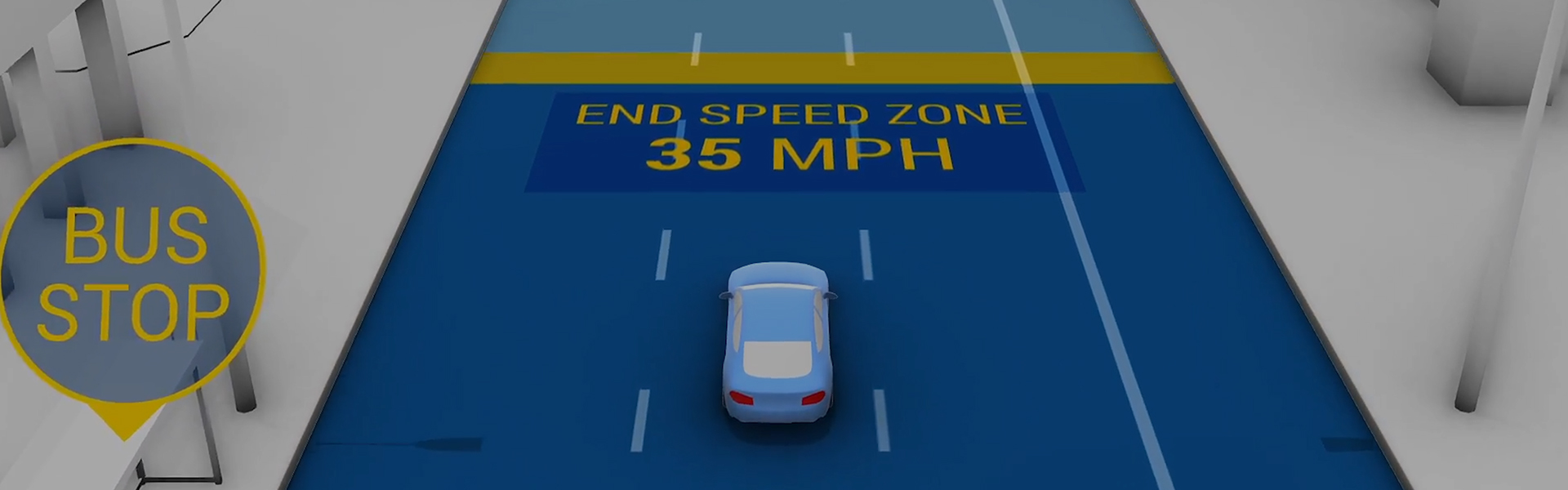 Depicts a car pulling up to an intersection and begins to slow down in phases prior to the intersection
