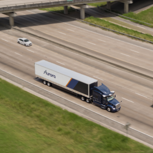 Aurora semi truck on a highway