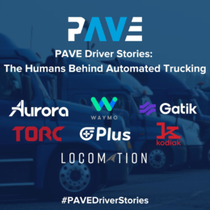 PAVE Driver Stories cover with logos from Aurora, Waymo, Gatik, Torc, Plus, Kodiak, and Locomation.